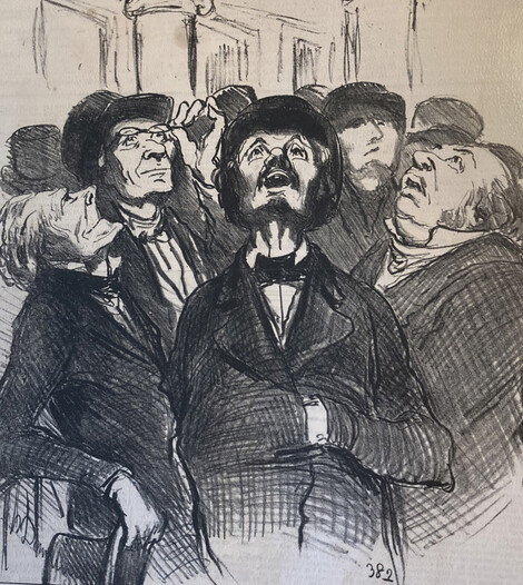 Honoré Daumier, „Besichtigung des neuen Deckengemäldes von Delacroix im Louvre“, Lithographische Serie „Le Parisien“, 1852, Privatsammlung, Graphisches Kabinett, Wallraf-Richartz-Museum, Köln