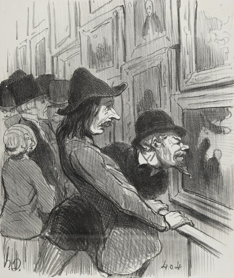 Honoré Daumier, Künstler, die das Gemälde eines Rivalen begutachten, Lithographie, Abgedruckt in der Serie „Le Public du Salon“ in Le Charivari, Privatsammlung, Foto : Thomas Klinke