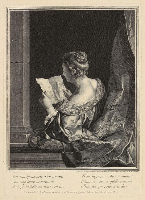 Jacques Chereau (1688–1776) nach Jean-François de Troy (1679–1752), Die Lesende, um 1730, Kupferstich, Wallraf-Richartz-Museum & Fondation Corboud, Köln, Graphische Sammlung