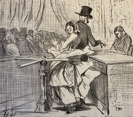 Honoré Daumier, „Das Drehkreuz. Eine neue Maschine erfunden von einem Feind der Krinoline.t.“, Lithographische Serie „Le Charivari“, 1855, Privatsammlung, Graphisches Kabinett, Wallraf-Richartz-Museum, Köln