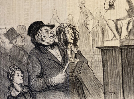 Honoré Daumier, „Oh..... shocking! Französische Übersetzung: Hier ist eine Dame aus Marmor, die eher leicht und unpassend bekleidet ist.“, Lithographische Serie „Le Charivari“, 1855, Privatsammlung, Graphisches Kabinett, Wallraf-Richartz-Museum, Köln