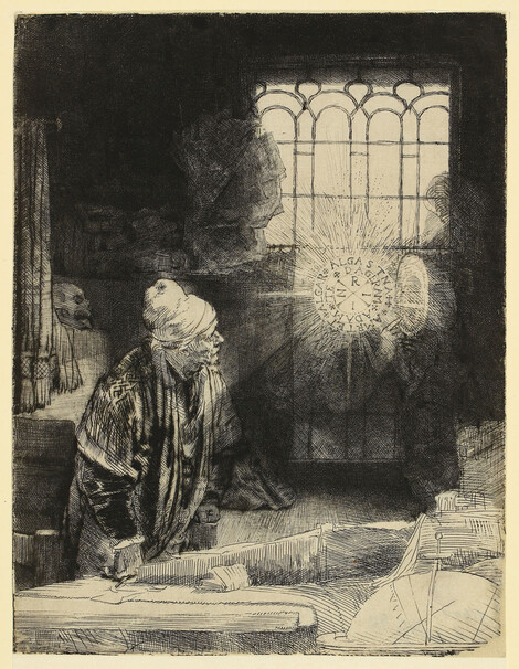 Rembrandt (1606–1669), Gelehrter im Studierzimmer („Faust“), um 1652, Radierung, Wallraf-Richartz-Museum & Fondation Corboud, Köln, Graphische Sammlung